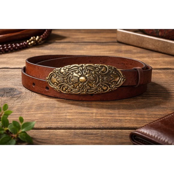 Accessories - Women's Brown Leather Belt with Ornate Gold-Tone Decorative Buckle